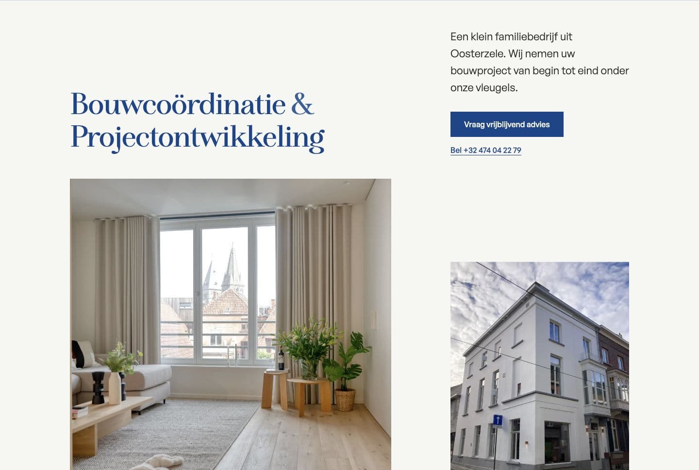 De website van H16, bouwcoördinatie en projectontwikkeling, met foto’s van twee realisaties.